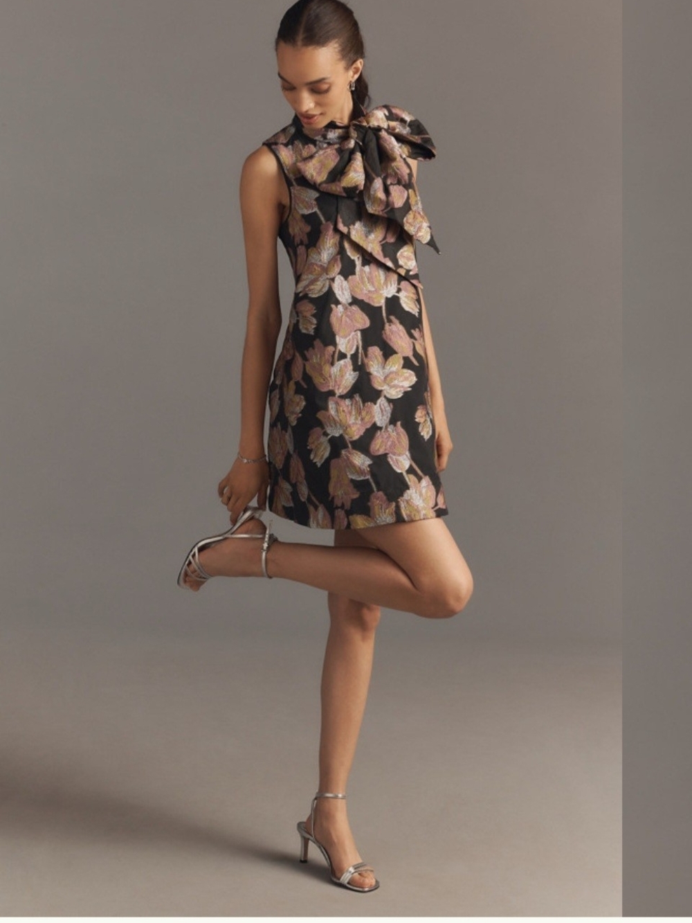 Maeve Black Floral Bow-Front Mini Dress